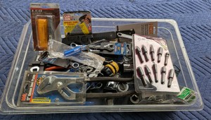 Assorted Hand Tools and Workshop Hardware with Clear Storage Tub