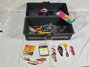 Fishing Gear including Fenwick Lid Locker with Broken Lid Latches, Spinning Reel, and Various Lures, Hooks, and Leaders
