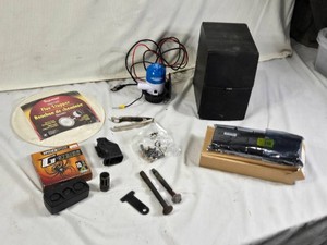 RCA Speaker, Flue Stopper, Li-ion Battery, Marine Pump, and Assorted Hardware