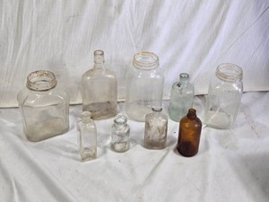 Vintage Glass Jars and Bottles including Hormel Jar, Various Styles, and Sizes