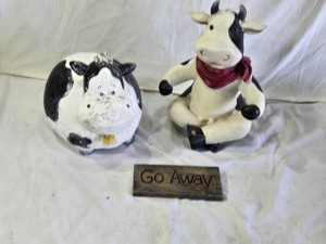 Decorative Cow Figurines with WelcomeGo Away Sign