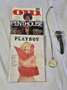 Milan Pocket Watch, Camouflage Strap Wristwatch, and Vintage Magazines (Playboy, Penthouse, Oui) Lot