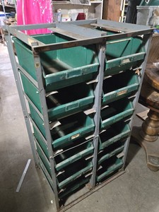 Steel Storage Rack with Green Plastic Bins