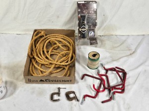 Box of Rope, Safety-Lock Wire and Wahl Rechargeable Cordless Clippers, C-Clamps, Red Hooks and Accessories