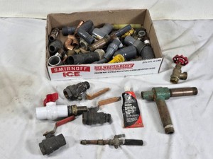 Box of Assorted Plumbing Fittings and Valves with Bondo Glazing & Spot Putty