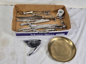 Box of Miscellaneous Kitchen Utensils and Flatware, Chrome Corkscrew, Brass Plate, and Garlic Press