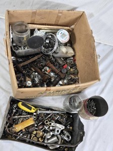 Lot of Mixed Hardware Items including Bolts, Nuts, and Screws in Containers and Boxes