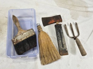 Straw bench Broom, Large Paint Brush, Rusty Hatchet Head made in Sweden, Garden Fork