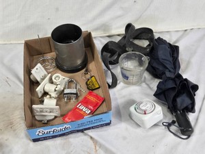 Box of Household and Miscellaneous Items including Timer and Padlock, Measuring Cup