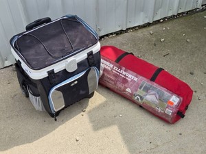 Rolling wheeled Igloo lunch box cooler and Chisholm Trail Ellsworth square dome tent