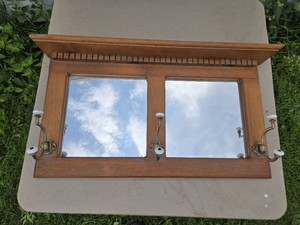 Wooden wall shelf mirror with coat hooks