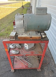 Vintage Doerr Motor, Electric distributor tester, bench grinder, sprayer monitor, plus other tools w/ cart
