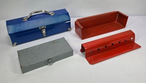 Metal Tool Storage Group with Portable Toolboxes & Red Bench Organizer Trays