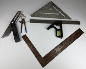 Vintage Machinist & Carpenter Measuring Tool Group with Squares, Dividers & Combination Square