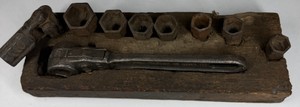 Vintage Socket Wrench & Large Hex Socket Tool Set in Wooden Tray
