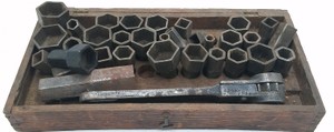 Vintage Socket Wrench & Large Hex Socket Tool Set in Wooden Tray