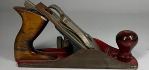 Vintage Red Cast Iron Bench Plane with Wood Tote & Front Knob