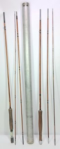Vintage Fishing Rod Group with Metal Storage Tube