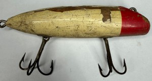 Vintage Wooden Red & White Fishing Plug with Treble Hooks