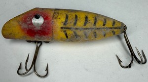 Vintage Wooden Yellow Tiger Stripe Fishing Plug with Treble Hooks