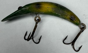 Vintage Green & Yellow Curved Wooden Fishing Lure with Treble Hooks