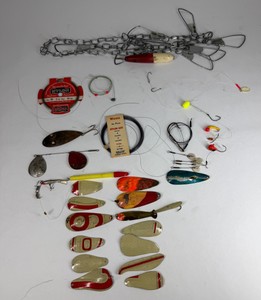 Vintage Fishing Tackle Group with Spoon Lures, Leaders, Hooks & Stringer