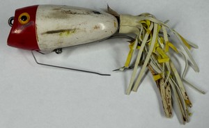 Vintage Red & White Topwater Fishing Lure with Rubber Skirt