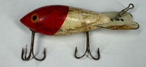 Vintage Wooden Red & White Fishing Lure with Metal Tail Spinner