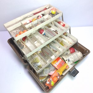 Vintage Plano-Style Fishing Tackle Box with Assorted Bobbers, Lures & Fishing Tackle