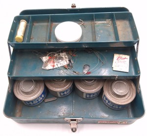 Vintage Metal Fishing Tackle Box with Leaders, Rigs & Safe Heat Fuel Cans