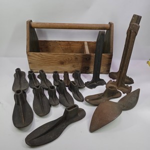 Vintage Cast Iron Cobbler Shoe Lasts & Shoe Repair Forms with Wooden Carry Box
