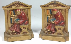 Vintage Painted Cast Metal Monk Reading Bookends