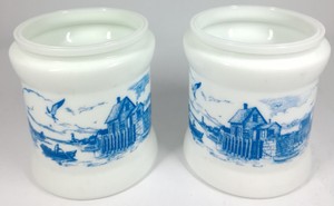 Vintage Blue & White Milk Glass Coastal Scene Canisters