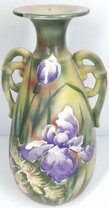Vintage Hand-Painted Double-Handle Floral Vase with Iris Motif
