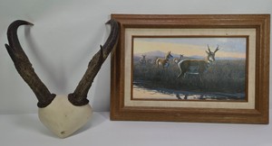 Michael Sieve Water Rights Pronghorn Wildlife Artwork with Pronghorn Horn Mount