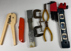 Assorted Hand Tools with Level, Hex Key Sets, Tubing Cutter, C-Clamps & Pliers