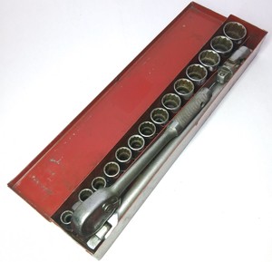 Vintage Socket Set with Ratchet, Extension & Metal Tool Box