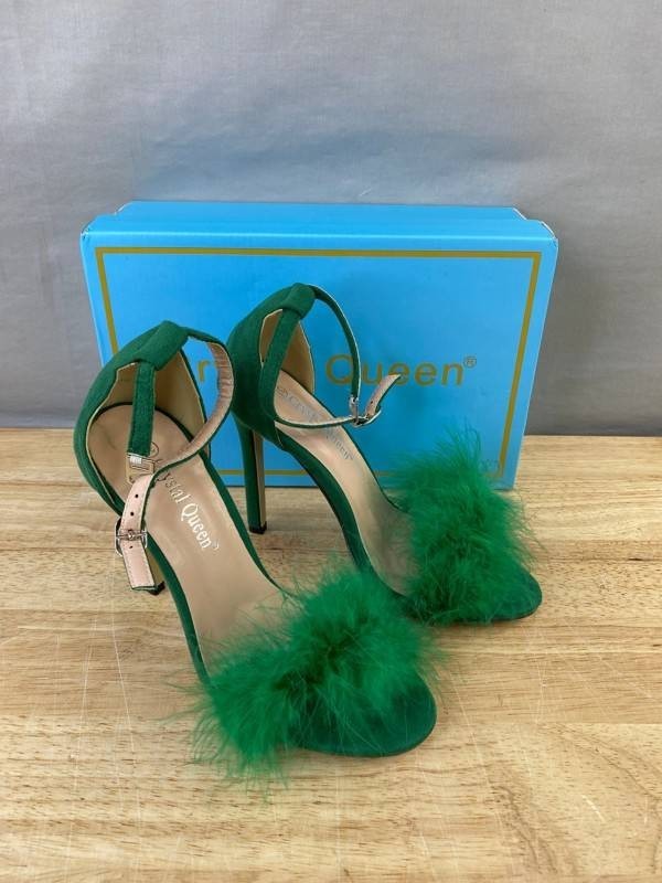 Crystal Queen QU-PLX11MM Green Feathered Stiletto Heels Womens Size 6 - Brand New
