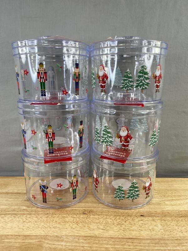 6 Holiday Style Stackable Containers - Designs Santa Claus & Nutcracker - Brand New