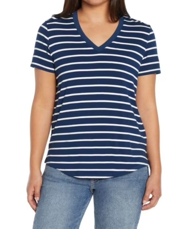 GAP Striped V-Neck Blue T-Shirt - Womens Size Large - $35 Retail - Brand New
