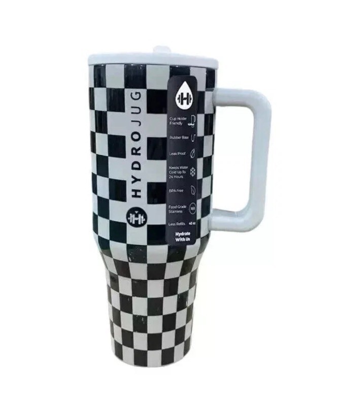 HYDROJUG 32oz Black White Gingham Checkered Traveler Stainless Steel Tumbler - Brand New
