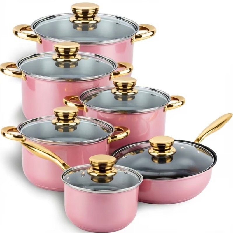 12 Piece Pink Stainless Steel Cookware Set, 6 Pots & 6 Lids, Starter Set - Brand New
