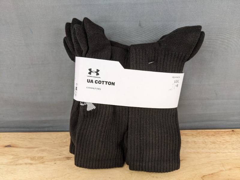 6 Pairs Under Armour Cotton Crew Socks Large, Black - Brand New
