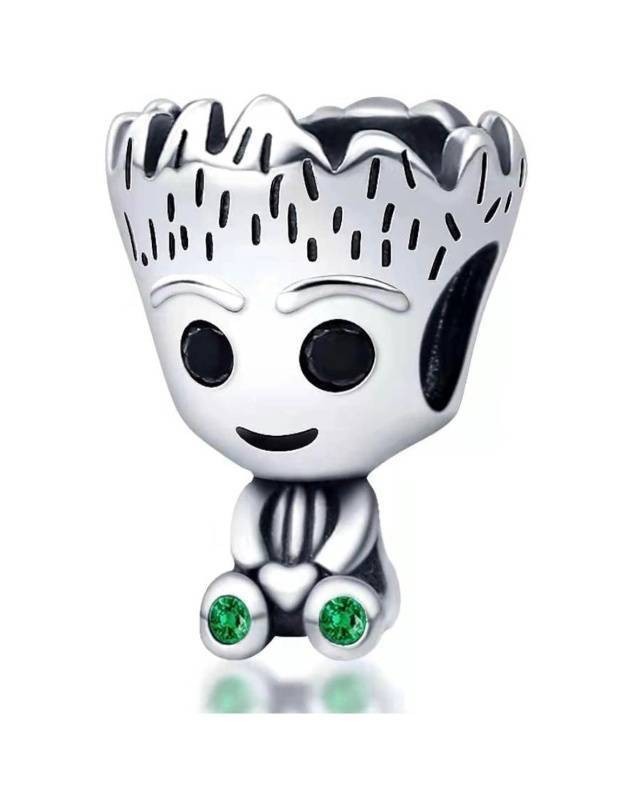 Sterling Silver Groot-Inspired Charm with Green Cubic Zirconia - Brand New