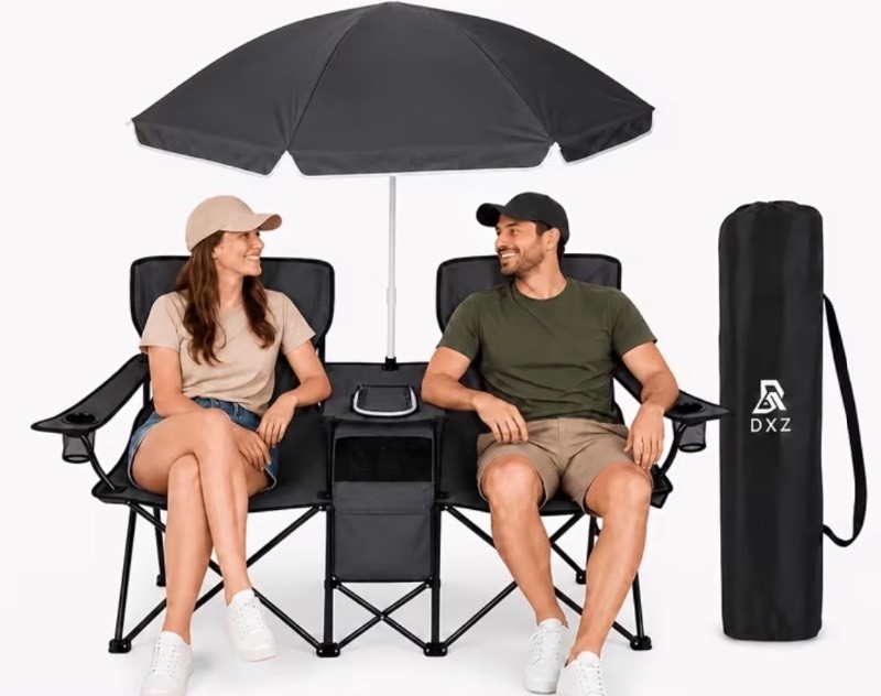 Double Folding Black Camping Chair with Umbrella, Built in Cooler Bag and Dual Cup Holders - Brand New