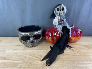 Motion Activated Skeleton Candy Bowl, Decorative Faceted Pumpkins & Hanging Ghoul - Brand New