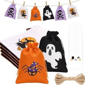 Halloween Burlap Drawstring Gift Bags with Tags, 24 Total - Brand New