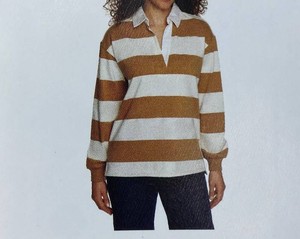 Lands End Womens Rugby Top - Tan and Beige Stripe - Size L - Brand New