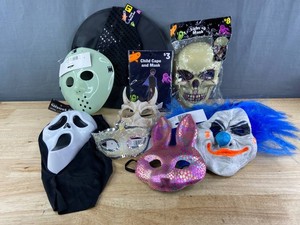 Halloween Masks, Witch Hat & Youth Cape, 9 Total - Brand New