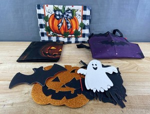 Halloween Decorations - Door Cover 71, Glitter Pumpkin, Pumpkin Table Runner 72, Purple Apron, Hanging Decorations, Etc. - Brand New